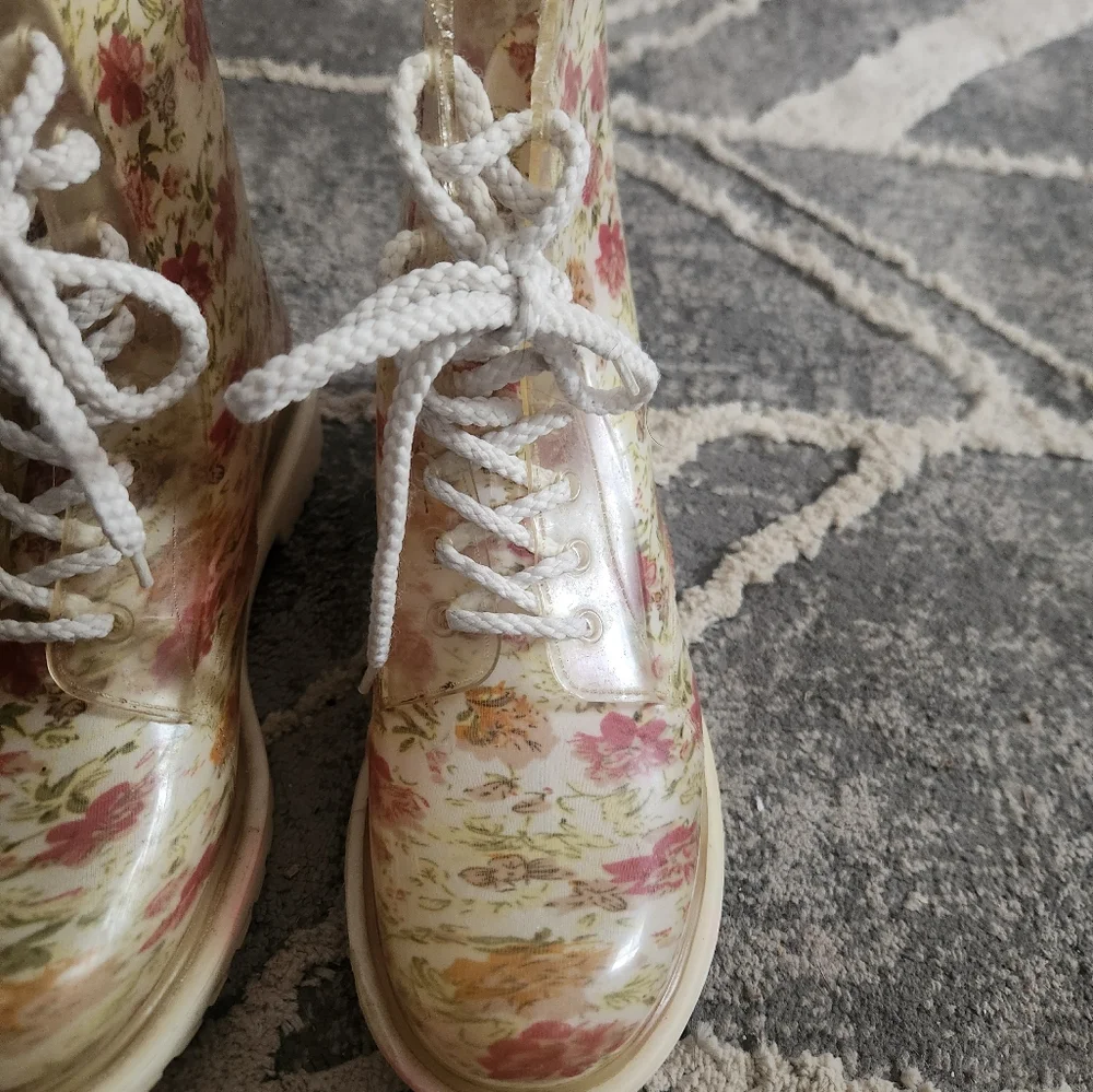 Dirty Laundry Floral Clear Rain Boots - Pink, Cream, Green